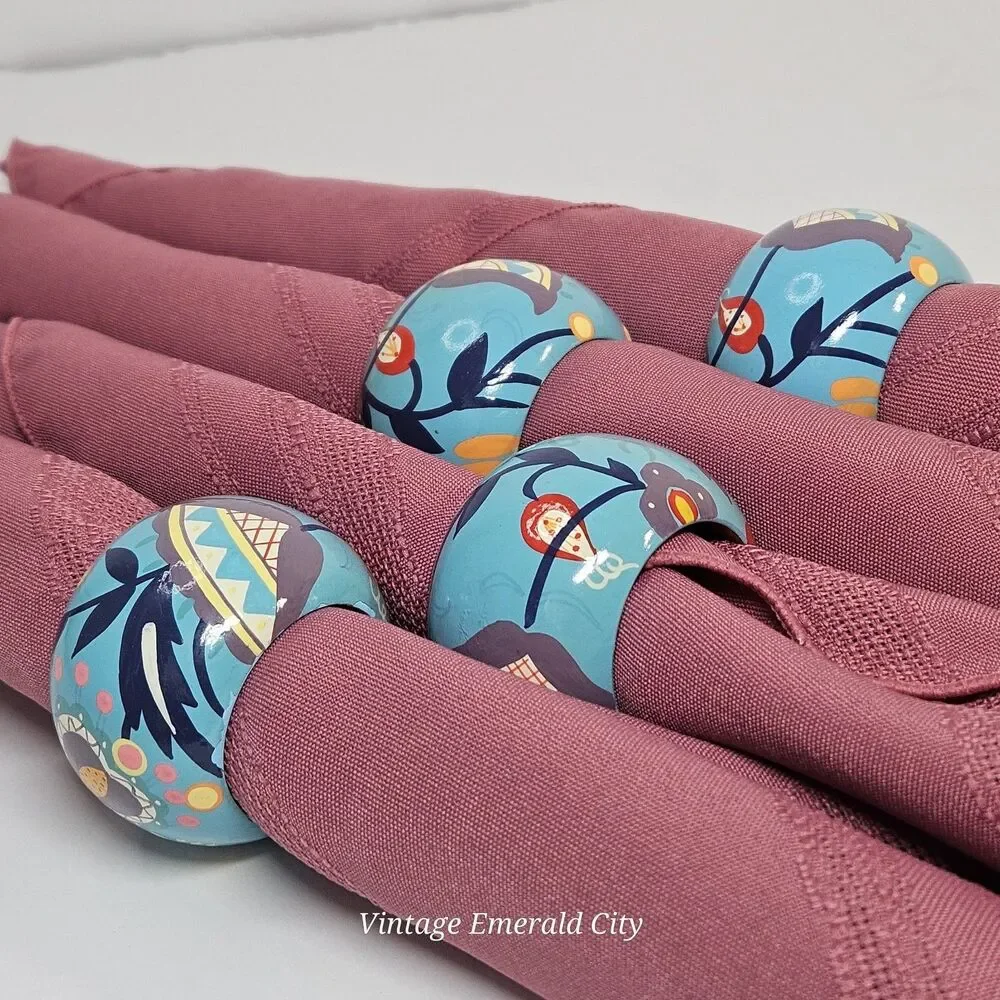 Vtg Set of 4 Wooden Hand Painted Bohemian blue/teal Floral Napkin Rings Spring